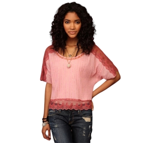 Free People Pink Laced Trimmed Flowy Crop Top - Picture 1 of 10